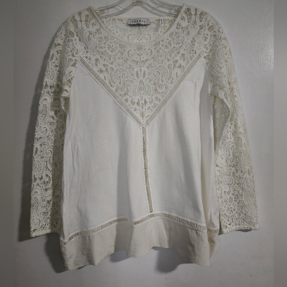 Sandro Paris Women Blouse Cream With Lace Sz Medium